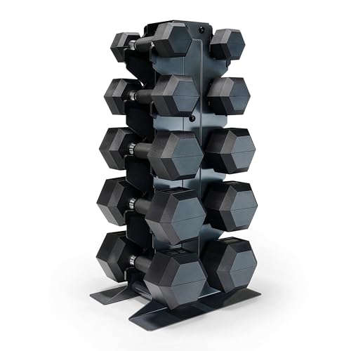 CAP Dumbbell Set with Rack, Rubber Coated Hex Free Weight Set | 100–300 lb Options, Vertical Space-Saving Storage for Home Gym Strength Training - size: 150 lb Set - Black Rack, style: Comfort Handle