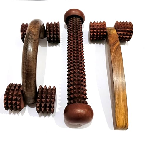 Wooden Massage Roller Set of 3, Acupressure Body Massager, Spiked Rollers for Muscle Relief