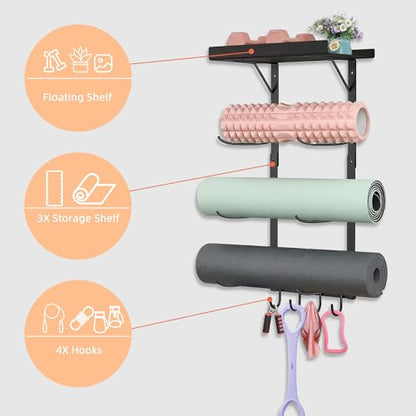 Yoga Mat Holder Wall Mount - 4 Tier Home Gym Storage Rack with Shelf & 5 Hooks, Gym Equipment Organizer & Wall Storage for Workout Room Decor