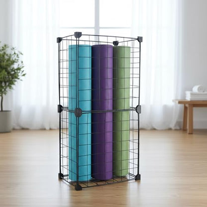 Yoga Mat Holder,Home Gym Storage Rack,Workout Equipment Storage,Metal Mesh Yoga Mat Basket for Foam Roller,Tennis Racket and Resistance Bands,Black,12.6"L X 8.7"W X 24.4"H