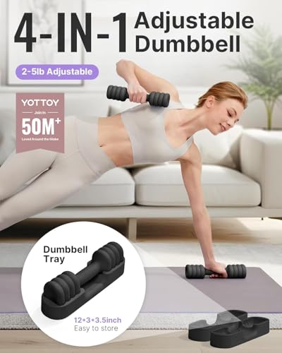 YOTTOY Adjustable Dumbbell Set of 2, 4-in-1 Hand Weights for Women at Home, Compact Free Weights Dumbbells Set with Soft Grip and Base, 2-5 lbs Each for Home Gym - color: Black