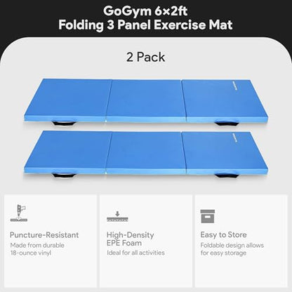 BalanceFrom 2-Pack 6x2 Feet 3-Panel Folding Gymnastics Mat, Blue – 2-Inch Thick Pad with Vinyl Surface and Carrying Handles for Tumbling, Yoga, Pilates, Home Workouts, and Martial Arts