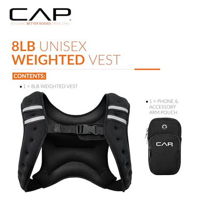 CAP Barbell 8LB Weighted Vest – Unisex Workout Vest with Phone Pouch, Reflective Strips, and Adjustable Fit for Walking, Running, Cardio, and Strength Training | Black or Blue - color: Black