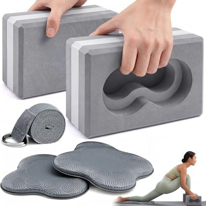Yoga Blocks 2 Pack for Wrist Relief Yoga Blocks Wrist Support Set with Knee Pads and Strap Improve Comfort and Grip, Nonslip EVA Foam Pilates Exercise Balance Stretching Accessories Meditation