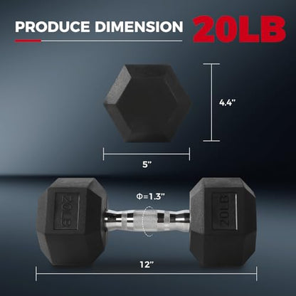 RitFit Rubber Coated Hex Dumbbell Set with Rack, 5-780LB for Home Gym Strength Training, Anti-Slip Knurled Handle, Hexagon Anti-Roll, Heavy-Duty Storage Rack - style: 2 X 20 LBS