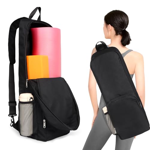 Yoga Mat Bag Carrier Side Mesh Zipper Pocket Exterior Wet Compartment Lightweight Waterproof Yoga Bag for Mat - color: Black