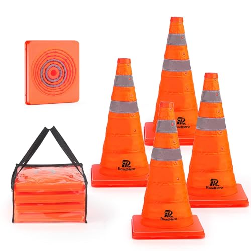 RoadHero 18 Inch 4 Pack Collapsible Traffic Safety Cones, Multi Purpose Pop-up Cones with Reflective Collar for Road Safety, Orange Cones for Driving Training, Parking Lots - size: 18 Inch