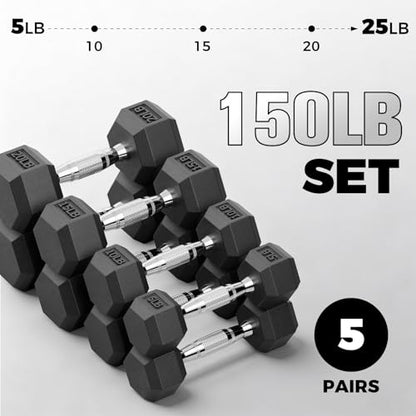 RitFit Rubber Coated Hex Dumbbell Set with Rack, 5-780LB for Home Gym Strength Training, Anti-Slip Knurled Handle, Hexagon Anti-Roll, Heavy-Duty Storage Rack - style: 150 LB Set（5-25LB)