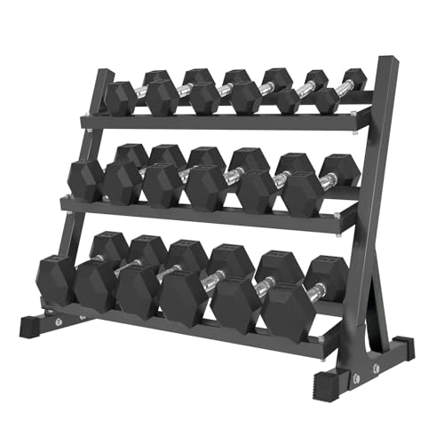 6-10 Pair Iron and Rubber Dumbbell Set 350/450 and 550 lbs 5-50 lbs Hand Free Weight for Strength Hex Coated Weights with Vertical Storage Rack Home Gym 5-50 lb - Black