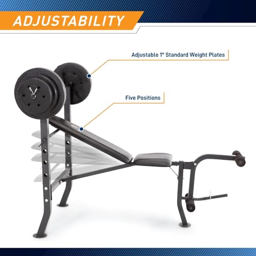 Marcy Standard Bench with 80lbs to 100 lbs Vinyl-Coated Weight Set for Strength Training Lifting for Home Gym - color: Black - 100 lbs