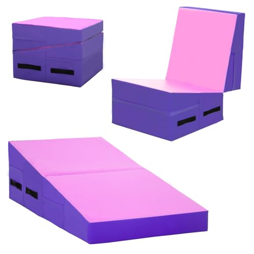 FDW Gymnastics Mat Incline Indoor/Outdoor Tumbling Mats yoga mat for Home Gym Folding Exercise Mat with Non-Slip Surface & Handles Cheese Wedge Mat - color: Pink, size: 48x24 Inch