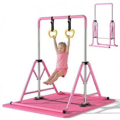 Expandable Kids Gymnastics Kip Bar - Upgraded Dual Base, Folding Adjustable Height 44''-60'', 350LBS Weight Limit, Anti-Slip Suction Feet, Home Training Bar for Kids Ages 3-13 (Pink) - color: Pink with rings and mat