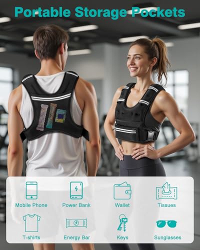 Weighted Vests for Women Men, 8 12 16 20 lb Weighted Vest with Storage Pockets, Rucking Vest with Reflective Stripe, Adjustable Straps Weight Vest for Running, Walking, Workout, Training