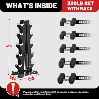 PAPABABE Hex Dumbbell Set with Rack, 85-560lb Rubber Encased Dumbbell Free Weights Dumbbells Set with Storage Rack, Hand Weights Set for Strength Training