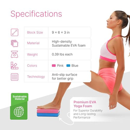 Yoga Blocks 2 Pack with Strap and Guide – Soft Non-Slip EVA Foam Blocks - color: Pink/Blue & Stretch Band Pink
