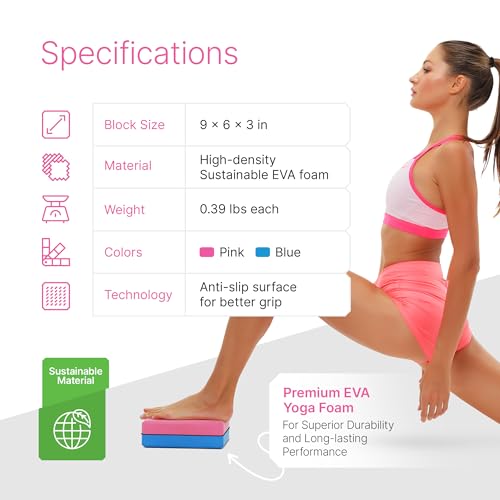 Yoga Blocks 2 Pack with Strap & Guide – Non-Slip EVA Foam Pilates Blocks for Home Workouts, Dance, Ballet, Gymnastics & Stretching Exercise | Ideal Dancer Gifts - color: Pink/Blue - Stretch Band Blue