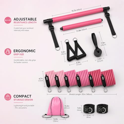 Pilates Bar Kit with Resistance Bands, Pilates Workout Equipment for Home Gym, Adjustable 3-Section Pilates Bar Kit for Women & Men, Ideal Pilates at Home Kit for Full Body Training & Flexibility