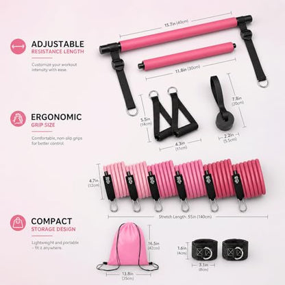 Pilates Bar Kit with Resistance Bands, Pilates Workout Equipment for Home Gym, Adjustable 3-Section Pilates Bar Kit for Women & Men, Ideal Pilates at Home Kit for Full Body Training & Flexibility