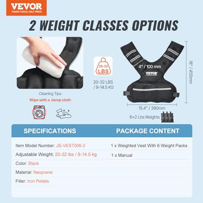 VEVOR Adjustable Weighted Vest, 11-20lb/20-32lbs/35lbs/40lbs Weight Vest with 6 Ironsand Weights and Reflective Stripe, Workout Equipment for Strength Training Running Jogging - color: 20-32 lbs