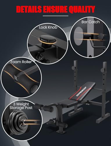 OPPSDECOR Adjustable Weight Bench Set with Squat Rack, 3 Sec Folding Workout Bench for Full Body Exercise, 600LBS All-in-One Bench Press with Leg Curl & Leg Extension, Incline Decline Flat Home Gym Bench for Teens Adults