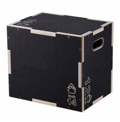 Plyometric Jump Box, 3-in-1 16/14/12 Inch Wooden Plyo Box, Adjustable Fitness Step Platform for Gym Training, Strength & Agility, Black