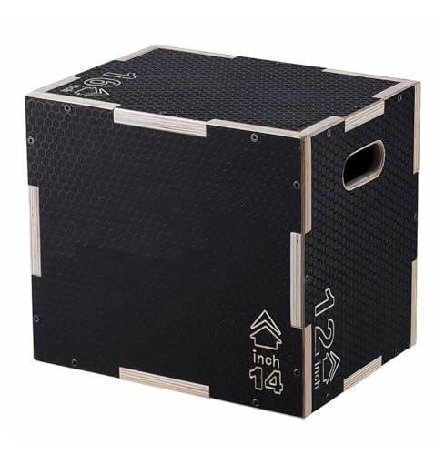 Plyometric Jump Box, 3-in-1 16/14/12 Inch Wooden Plyo Box, Adjustable Fitness Step Platform for Gym Training, Strength & Agility, Black