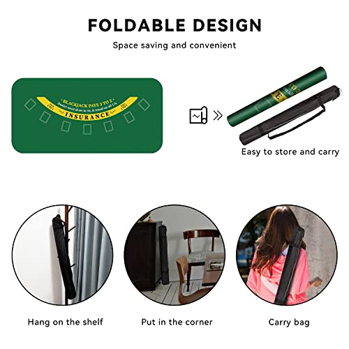 70" x 35" Poker Mat for Table with Carrying Bag, Professional Casino Blackjack Tabletop Layout Poker Table Mat, Non-Slip Rubber Poker Table Top Cover for Parties, Home Entertainment, Poker Game Night