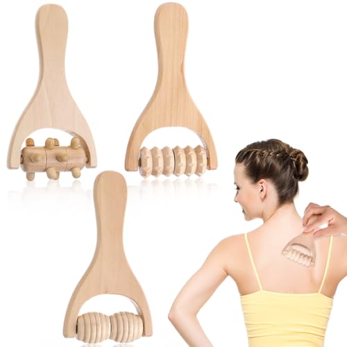 Abeillo 3Pcs Wood Therapy Massage Tools Wooden Massage Rollers, Hand Massage Tools Manual Muscle Roller Stick for Relaxes Thigh, Leg, Hands Full Body Muscle Men Women