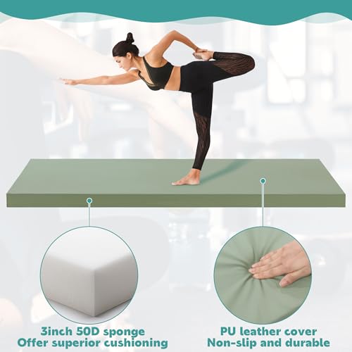 MABOZOO 3 Inch Thick Yoga Mat, Extra Thick Gymnastics Mat With Carrying Handles for Men Women, PU Leather Anti-Tear Fitness Foam Exercise Mat for Yoga, Pilates, Stretching - color: Army Green