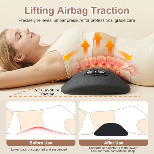 Electric Lumbar Massage Pillow, 3-in-1 Rechargeable Triple Fusion Back Massager with Heat/Vibration/Traction, Heated Lower Back Massager Pillow for Pain Relief Deep Tissue, for Bed Chair