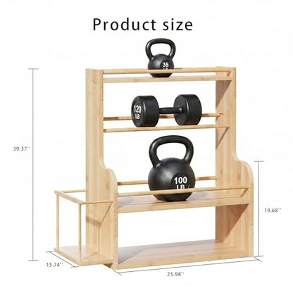 APRTAT Bamboo Dumbbell Rack, Adjustable Weight Rack for Home Gym, All-in-One Workout Equipment Storage for Dumbbells, Kettlebells, Yoga Mats & Balls