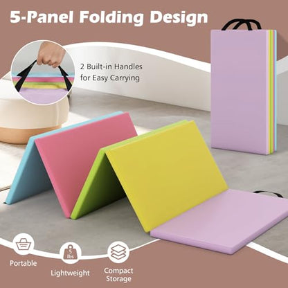 Goplus Gymnastics Mat, 6'x4' 3-Panel/6.6'x2.5' 5-Panel Folding Tumbling Mat w/Carrying Handles, Hook&Loop Fastener, Portable PU Leather Rainbow Exercise Mat for Home Gym Aerobics Yoga - color: 5-Panel, 5 Color - Pastel Set