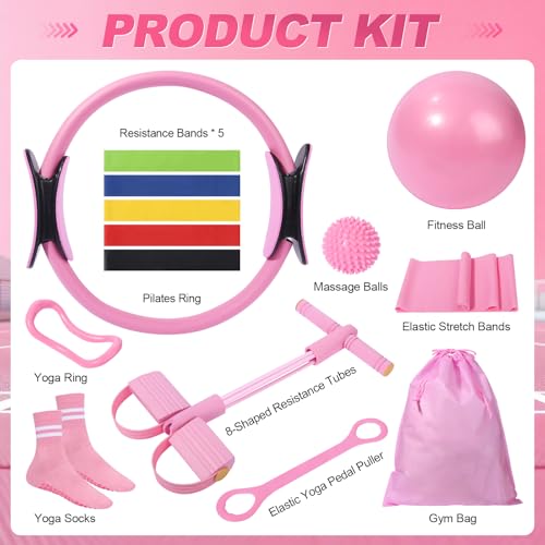 Pilates Kit 14 Pcs, Pilates Essentials Kit for Women, Pilates Equipment for Home with Yoga Circle Ball Ring, 5 Resistance Bands,Pedal Puller Resistance Band,Anti-Slip Socks for Starter Set Accessories