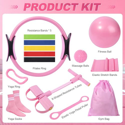 Pilates Kit 14 Pcs, Pilates Essentials Kit for Women, Pilates Equipment for Home with Yoga Circle Ball Ring, 5 Resistance Bands,Pedal Puller Resistance Band,Anti-Slip Socks for Starter Set Accessories