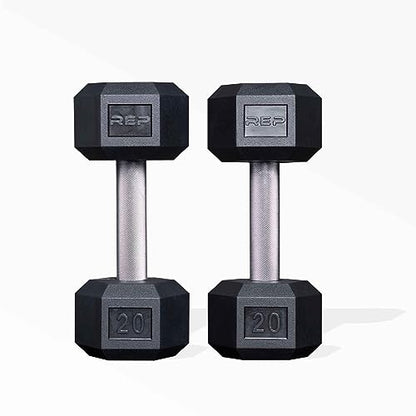 Rep Fitness Rubber Hex Dumbbell(s) - Singles (55LB +) and Pairs (5LB - 50LB) - Low Odor, Fully Knurled Handle - style: 20 LB Pair