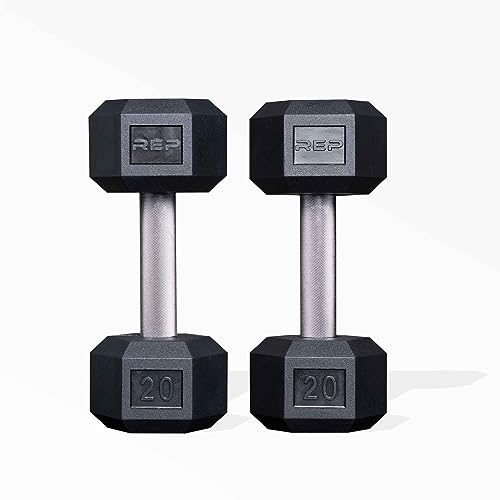 Rep Fitness Rubber Hex Dumbbell(s) - Singles (55LB +) and Pairs (5LB - 50LB) - Low Odor, Fully Knurled Handle - style: 20 LB Pair