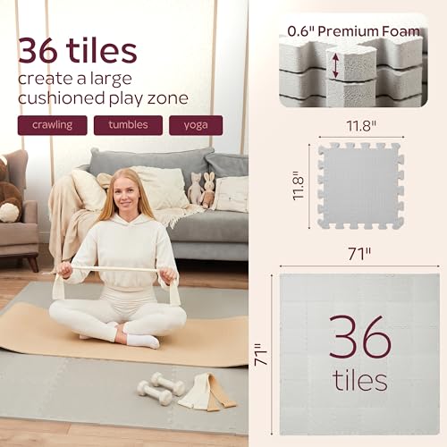 Foam Play Mat for Floor - 36 Interlocking Tiles 71x71 in, 0.6" Thick Puzzle Mat for Baby, Toddler & Home Gym, Cross-Texture EVA Foam, Edge Borders Included, Solid Gray