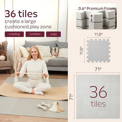 Foam Play Mat for Floor - 36 Interlocking Tiles 71x71 in, 0.6" Thick Puzzle Mat for Baby, Toddler & Home Gym, Cross-Texture EVA Foam, Edge Borders Included, Solid Gray