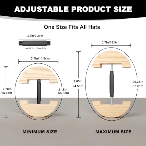 Hat Stretcher for Fitted Hats, Cowboy Hat Stretcher Fitted Hat 7 to 8 1/2, Adjustable Wooden Hat Jack Stretcher Fits All Caps - color: Black