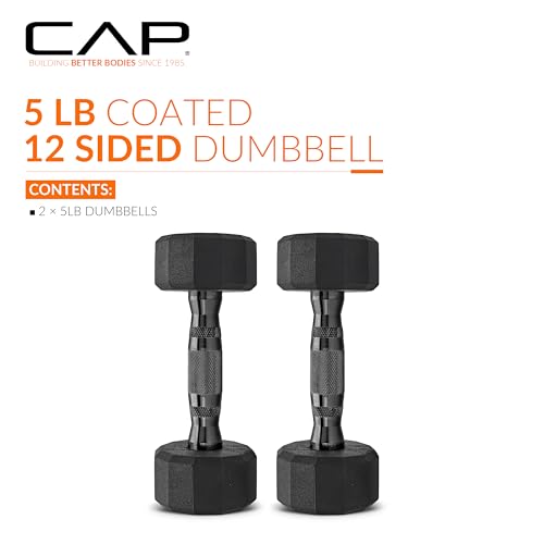 CAP Rubber Coated Dumbbell Weights, Free Weights for Home Gym Strength Training, Anti-Roll Hex Dumbbells with Black, Chrome & Comfort Grip Handles, Pairs & Sets - size: 5 lb - Pair, style: 12-Sided - Black Handle