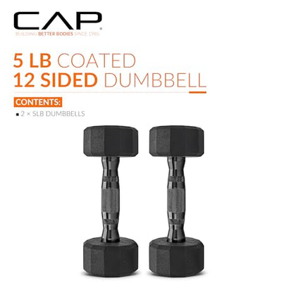 CAP Rubber Coated Dumbbell Weights, Free Weights for Home Gym Strength Training, Anti-Roll Hex Dumbbells with Black, Chrome & Comfort Grip Handles, Pairs & Sets - size: 5 lb - Pair, style: 12-Sided - Black Handle