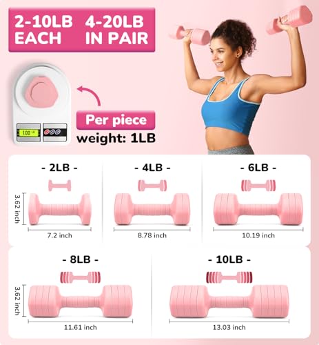 Adjustable Dumbbell Set of 2, 10LB 20LB 30LB Weight Set - color: Pink, size: 20 lbs Total-(10LB Each)