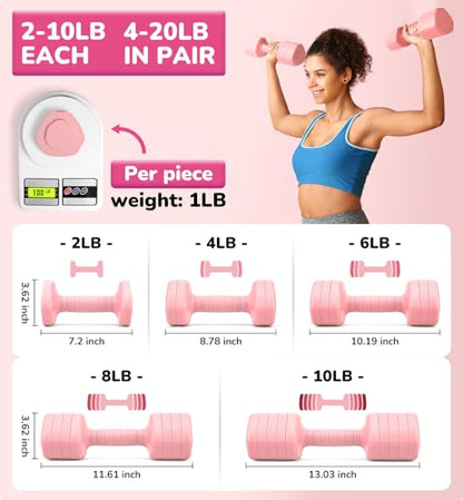 Adjustable Dumbbell Set of 2, 10LB 20LB 30LB Weight Set - color: Pink, size: 20 lbs Total-(10LB Each)