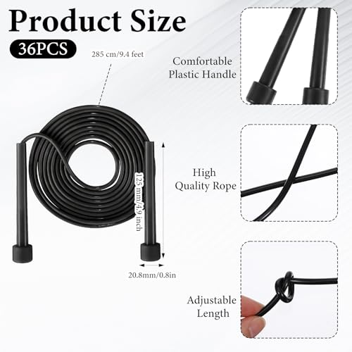 36PCS Adjustable PVC Jump Rope Bulk - 9.4ft Black Jump Ropes for Cardio Fitness, Workout, Training - Tangle-Free Plastic Jumping Rope Bulk for Men & Women