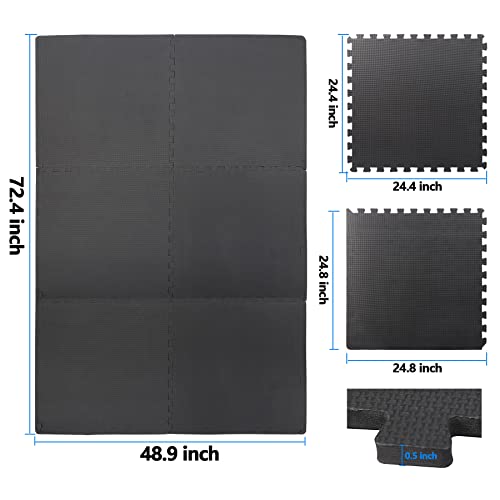 F2C 6 Pieces Puzzle Exercise Mat EVA Foam Interlocking Tiles with 12 End Borders for Gym Home Exercise Workout Floor Protecting Black