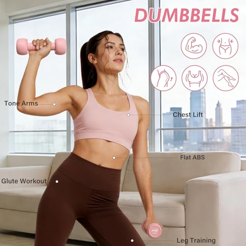 HTQ Adjustable Dumbbell Set for Women, 2-17LBS Total Plate Weight Home Workout Equipment with Kettlebell, Wrist Weights, Resistance Tube, Jump Rope, Pink/Green Free Weights Set for Women at Home - color: Pink