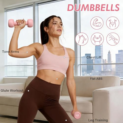 HTQ Adjustable Dumbbell Set for Women, 2-17LBS Total Plate Weight Home Workout Equipment with Kettlebell, Wrist Weights, Resistance Tube, Jump Rope, Pink/Green Free Weights Set for Women at Home - color: Pink