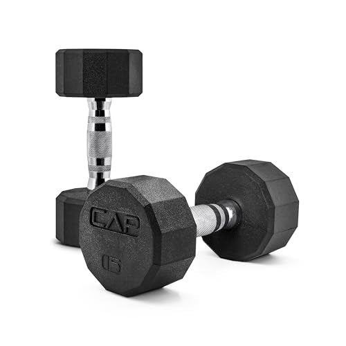 CAP Rubber Coated Dumbbell Weights, Free Weights for Home Gym Strength Training, Anti-Roll Hex Dumbbells with Black, Chrome & Comfort Grip Handles, Pairs & Sets - size: 15 lb - Pair, style: 12-Sided - Chrome Handle