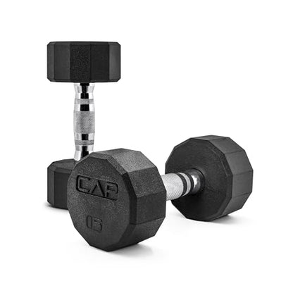 CAP Rubber Coated Dumbbell Weights, Free Weights for Home Gym Strength Training, Anti-Roll Hex Dumbbells with Black, Chrome & Comfort Grip Handles, Pairs & Sets - size: 15 lb - Pair, style: 12-Sided - Chrome Handle