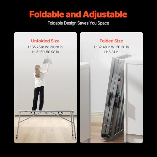 VEVOR Work Platform, 63"x 15" Portable Scaffolding Platform, Folding Steel Step Ladder Adjustable Height 31.5”-50.1”, 800 lbs Load Capacity, Non-Slip Drywall Painting Stool for Cleaning &Washing - size: 63"x 15"